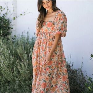 Morning Lavender Women’s Orange Floral Puff Sleeve Baby DollMaxi Dress Size 1XL